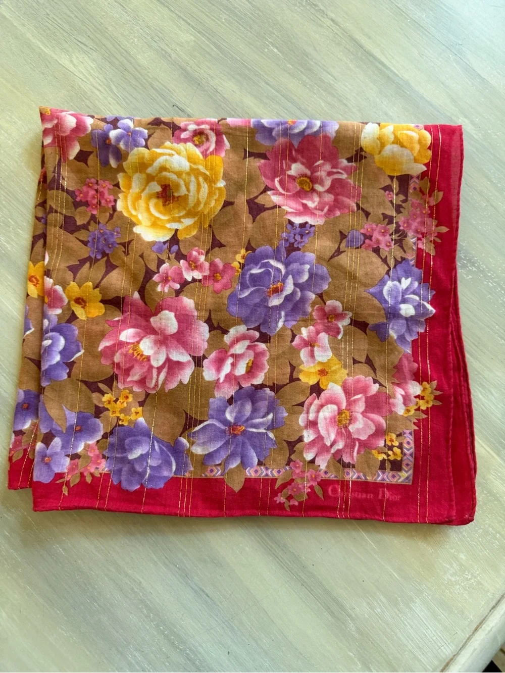 Christian Dior Scarf Vibrant Multicolor Floral Print Gold Shimmer Bandanna